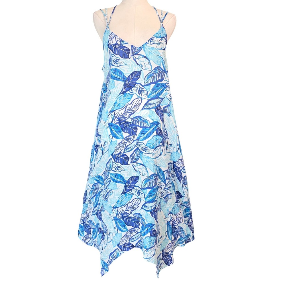 Sigrid Olsen Linen‎ Handkerchief Hem Dress Womens S Blue White Leaf Print